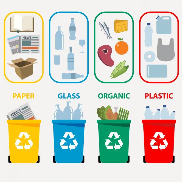 recycling glass, paper, plastics