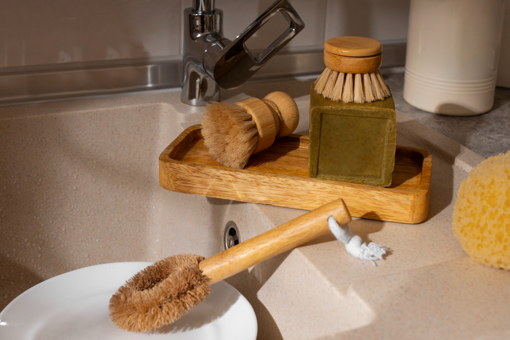 Bamboo Dish Scrubbers and various eco friendly cleaning brushes