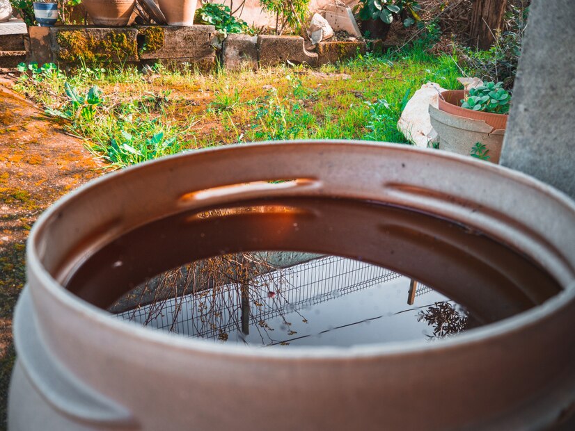 harvested rainwater in a drum